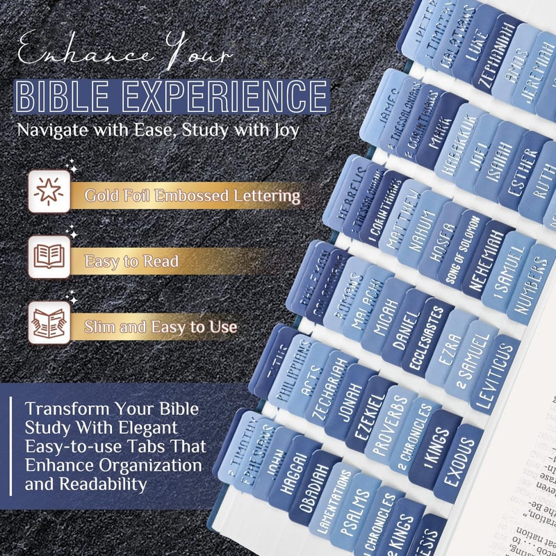 Uzriyl Laminated Bible Tabs, Bible Study Supplies, Large Print Bible Book Tabs for Women and Men, (Silver Foil Embossed Lettering) Bible Labels Index Tabs, Bible Accessories for Easy Navigation(Dusk Blue) - Image 2